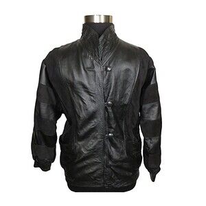 Vintage Black Leather And Suede Patchwork Striped Button Up Jacket Size Large